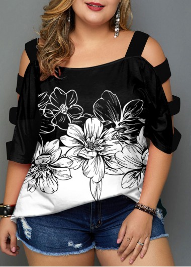 Modlily Plus Size Color Block Floral Print T Shirt - 2X
