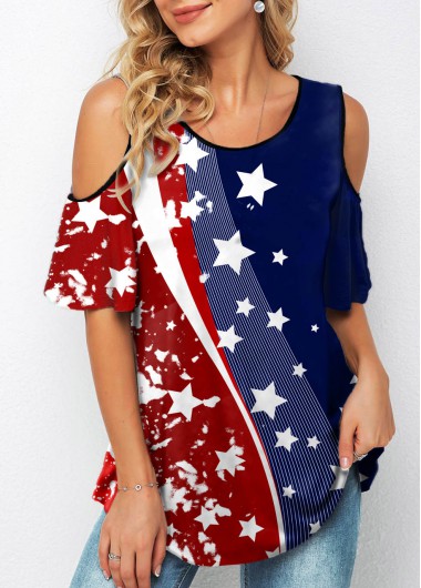 Modlily American Flag Print Cold Shoulder Half Sleeve T Shirt - S