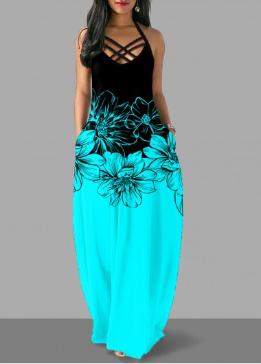 Modlily Floral Print Cross Strap Halter Maxi Dress - M