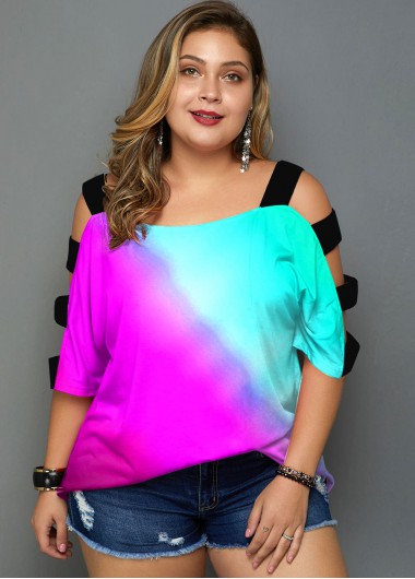 Modlily Colorful Ladder Cutout Plus Size T Shirt - 1X