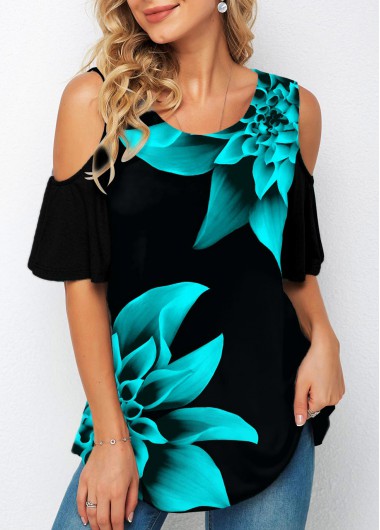 Modlily Cold Shoulder Floral Print Half Sleeve T Shirt - M