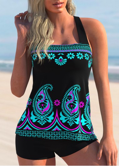 Modlily Paisley Print Cross Strap Tankini Set - S