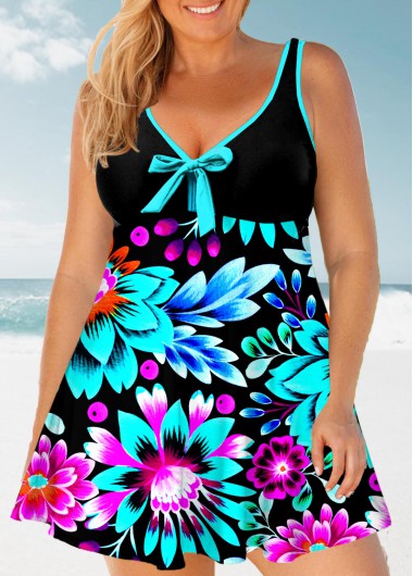 Modlily Plus Size Bowknot Front Floral Print Swimdress Top - 3X
