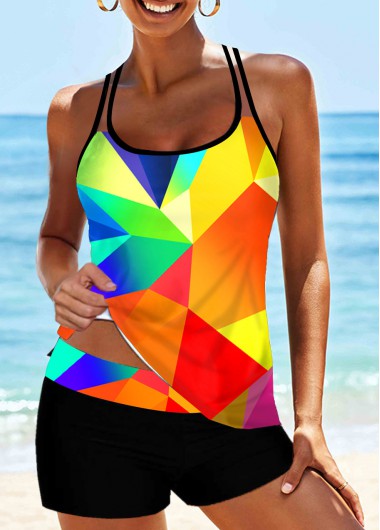 Modlily Geometric Print Criss Cross Back Tankini Set - L