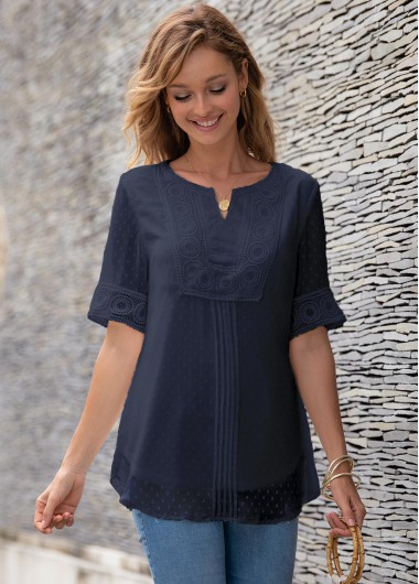 Modlily Split Neck Half Sleeve Lace Panel Blouse - M