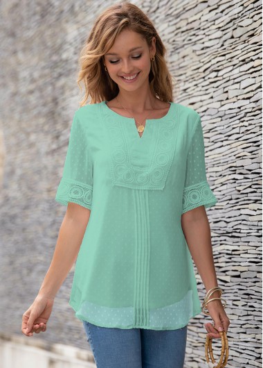 Modlily Split Neck Half Sleeve Lace Panel Blouse - L