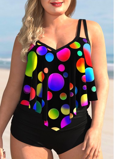 Modlily Plus Size Polka Dot Rainbow Color Tankini Set - 1X