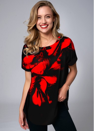 Modlily Floral Print Round Neck Short Sleeve T Shirt - XL