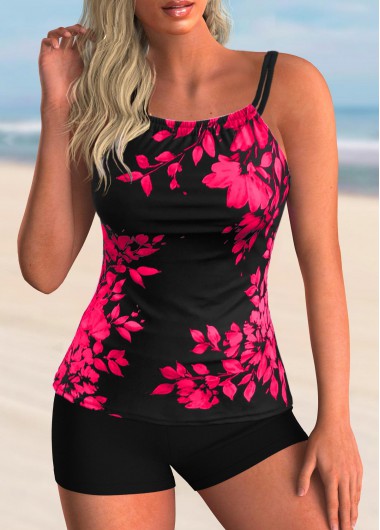 Modlily Winered Leaf Print Tankini Swimsuit With Shorts Spaghetti Strap Tankini Set - 2XL