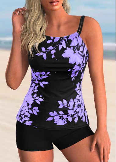 Modlily Lavander Leaf Print Tankini Swimsuit Spaghetti Strap Leaf Print Tankini Set - L