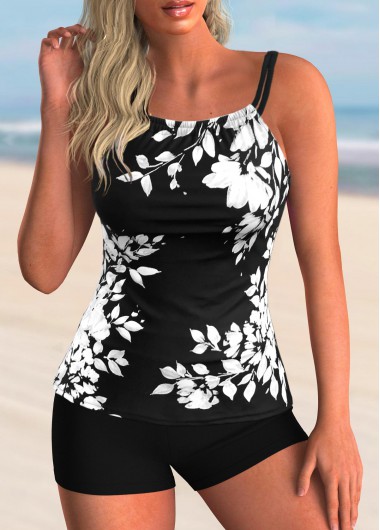Modlily White&amp;Black Leaf Print Tankini Swimsuit With Shorts Spaghetti Strap Tankini Set - 2XL