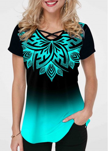 Modlily Tribal Print Ombre Cross Strap T Shirt - M