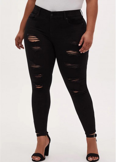 Modlily Shredded Skinny Plus Size Black Jeans - 3X