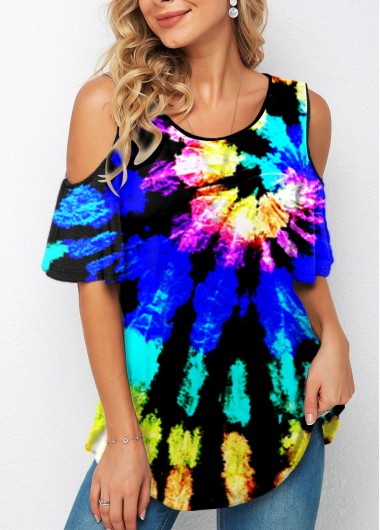 Modlily Tie Dye Print Cold Shoulder T Shirt - S