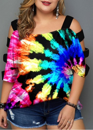 Modlily MultiColor Tie Dye Print Ladder Cutout T Shirt - M