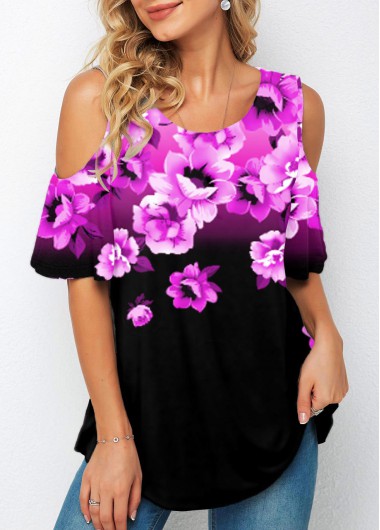 Modlily Floral Print Cold Shoulder Round Neck T Shirt - XL