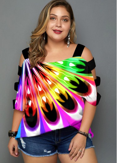 Modlily Plus Size Rainbow Color Ladder Cutout T Shirt - 2X