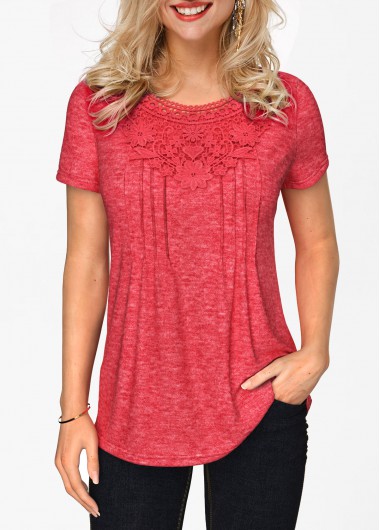Modlily Coral Red Short Sleeve Crinkle Chest T Shirt - M