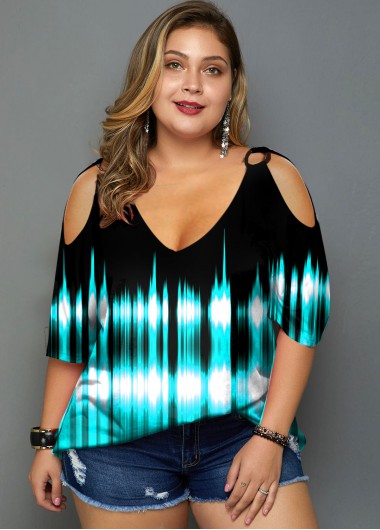 Modlily Plus Size Cold Shoulder Printed T Shirt - 2X