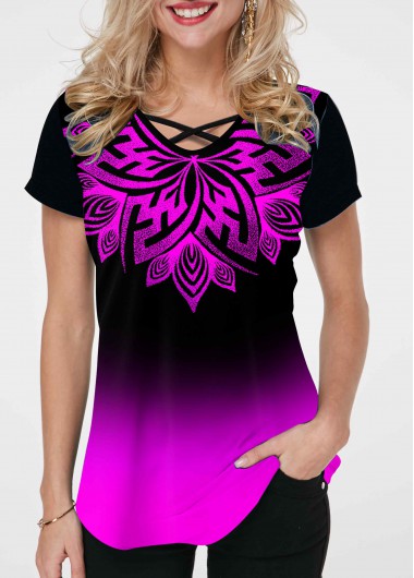 Modlily Cross Strap Tribal Print Ombre T Shirt - M