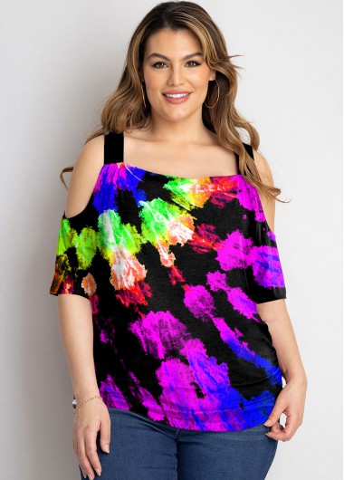Modlily Plus Size Tie Dye Print Rainbow Color T Shirt - 3X