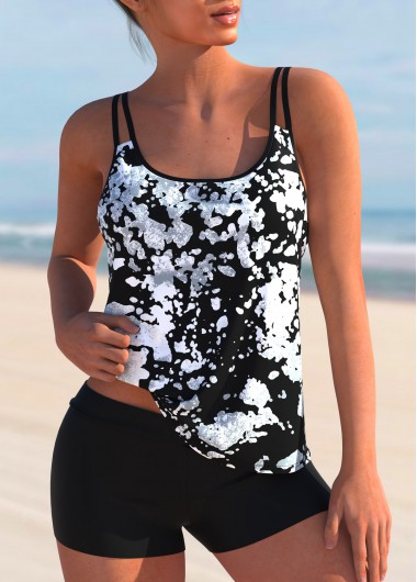 Modlily Monochrome Texture Print Mid Waist Tankini Set - XXL