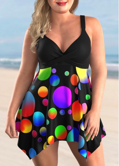 Modlily Plus Size Polka Dot Asymmetric Hem Swimdress and Panty - 3X