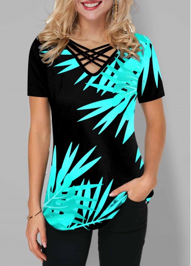 Modlily Leaf Print Cross Strap Short Sleeve T Shirt - M
