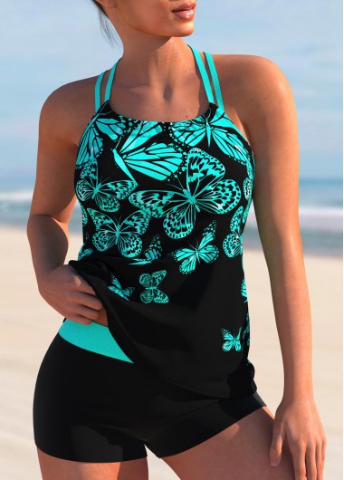 Modlily Butterfly Print Cross Strap Ombre Tankini Set - XXL