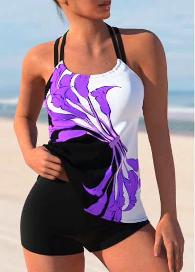 Modlily Floral Print Cross Strap Tankini Set - M