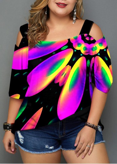 Modlily Plus Size Rainbow Color Printed Cold Shoulder T Shirt - 3X