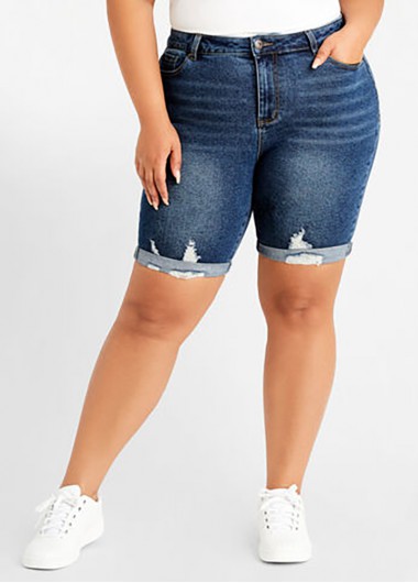 Modlily Plus Size Denim Blue Shredded Shorts - 1X