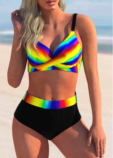 Modlily High Waisted Rainbow Color Criss Cross Bikini Set - XL