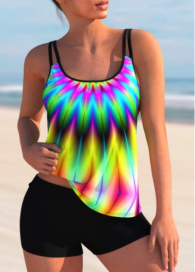 Modlily Multi Color Wide Strap High Waisted Tankini Set - S