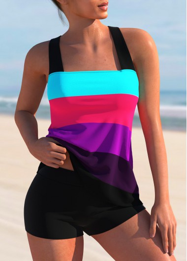 Modlily Rainbow Stripe Wide Strap Criss Cross Back Tankini Set - XL