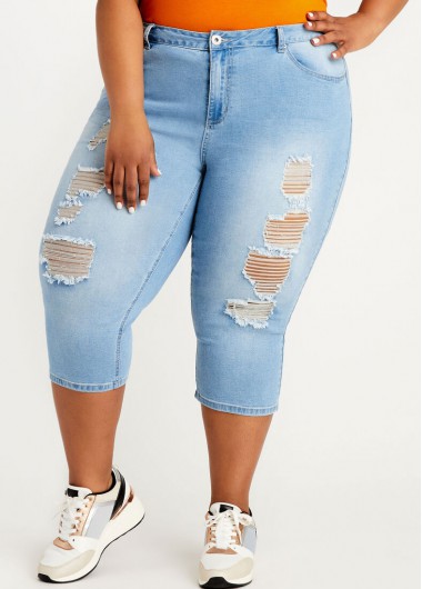 Modlily Plus Size Denim Blue Shredded Pants - 2X