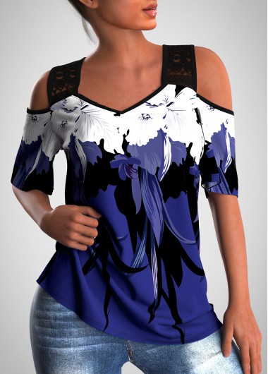 Modlily Lace Stitching Cold Shoulder Floral Print T Shirt - S