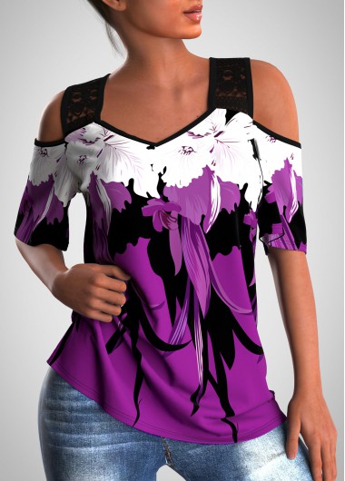 Modlily Lace Stitching Cold Shoulder Floral Print T Shirt - M