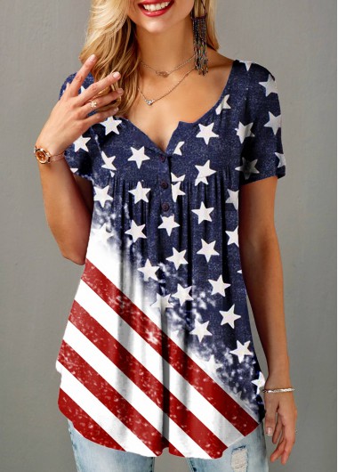 Modlily American Flag Split Neck Short Sleeve T Shirt - S