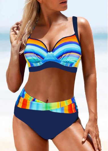 Modlily Rainbow Color Mid Waist Bikini Set - S