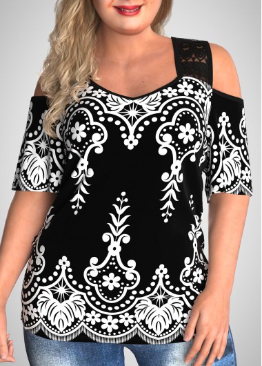 Modlily Plus Size Lace Stitching Tribal Print T Shirt - 1X