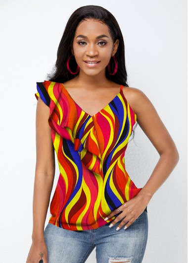 Modlily Abstract Print Flounce Asymmetric Straps Camisole Top - XXL