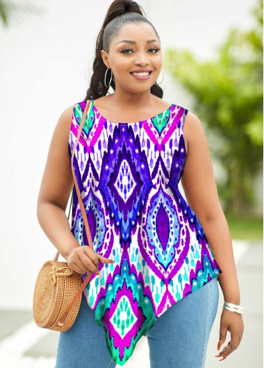 Modlily Tribal Print Plus Size Asymmetric Hem Tank Top - 3X