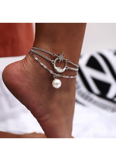 Modlily Moon and Star Pendant Pearl Design Anklet - One Size