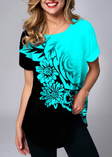 Modlily Floral Print Round Neck Short Sleeve T Shirt - S