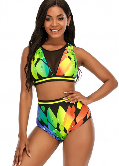 Modlily High Waist Mesh Stitching Printed Bikini Set - 4XL