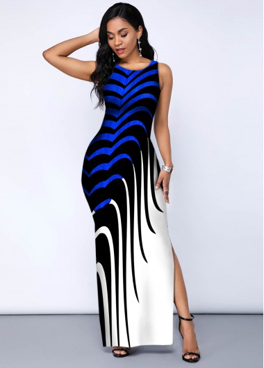 Modlily Sleeveless Round Neck Printed Side Slit Dress - M