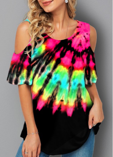 Modlily Tie Dye Print Cold Shoulder Half Sleeve T Shirt - XL