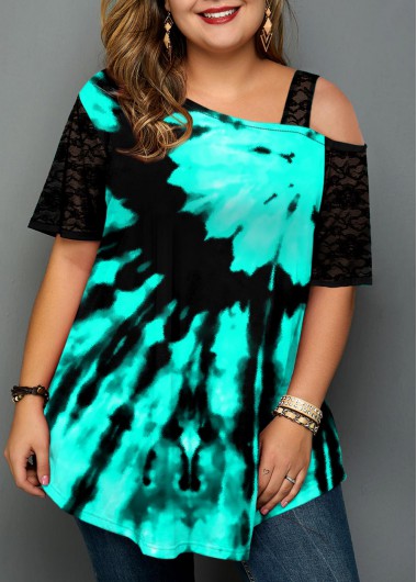 Modlily Lace Stitching Tie Dye Print Plus Size T Shirt - 2X