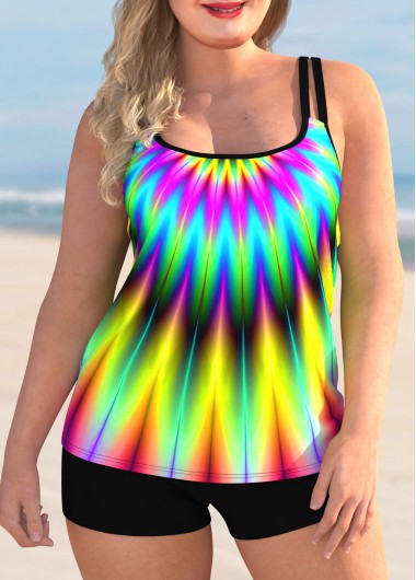 Modlily Plus Size Spaghetti Strap Colorful Tankini Set - 1X